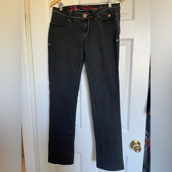Apple Bottom Y2K Jeans Vintage Women Sz 9/10 Embroidered Black Straigh Leg - Picture 1 of 16
